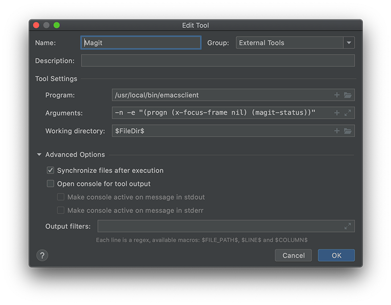 Screenshot of External Tool dialog